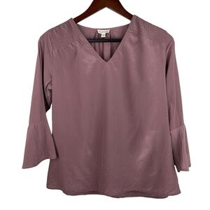 Garnet Hill | Pink Silk V Neck Bell Cuff Blouse